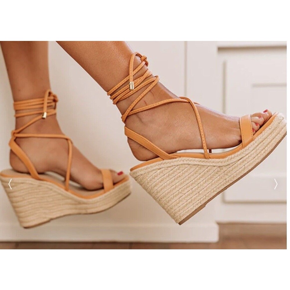 D Tie Leg Design Espadrille Wedge Sandals Orange Size 8 NEW